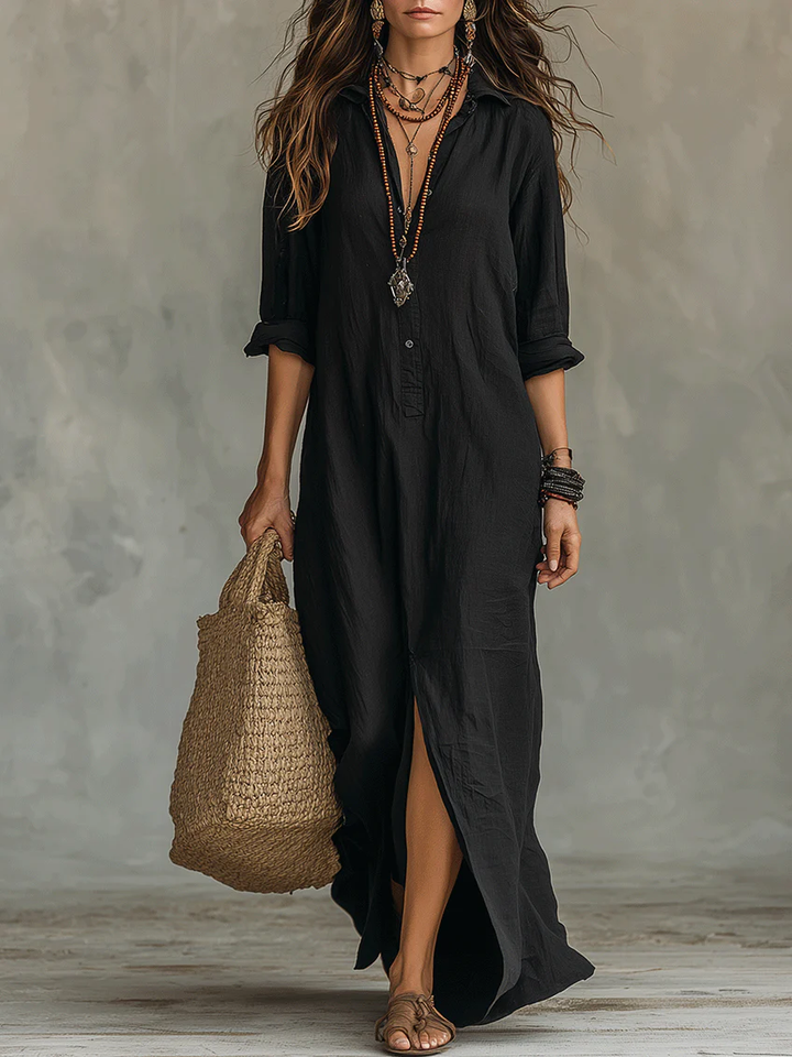 Vittoria™ | Black Long Maxi Dress with Buttons