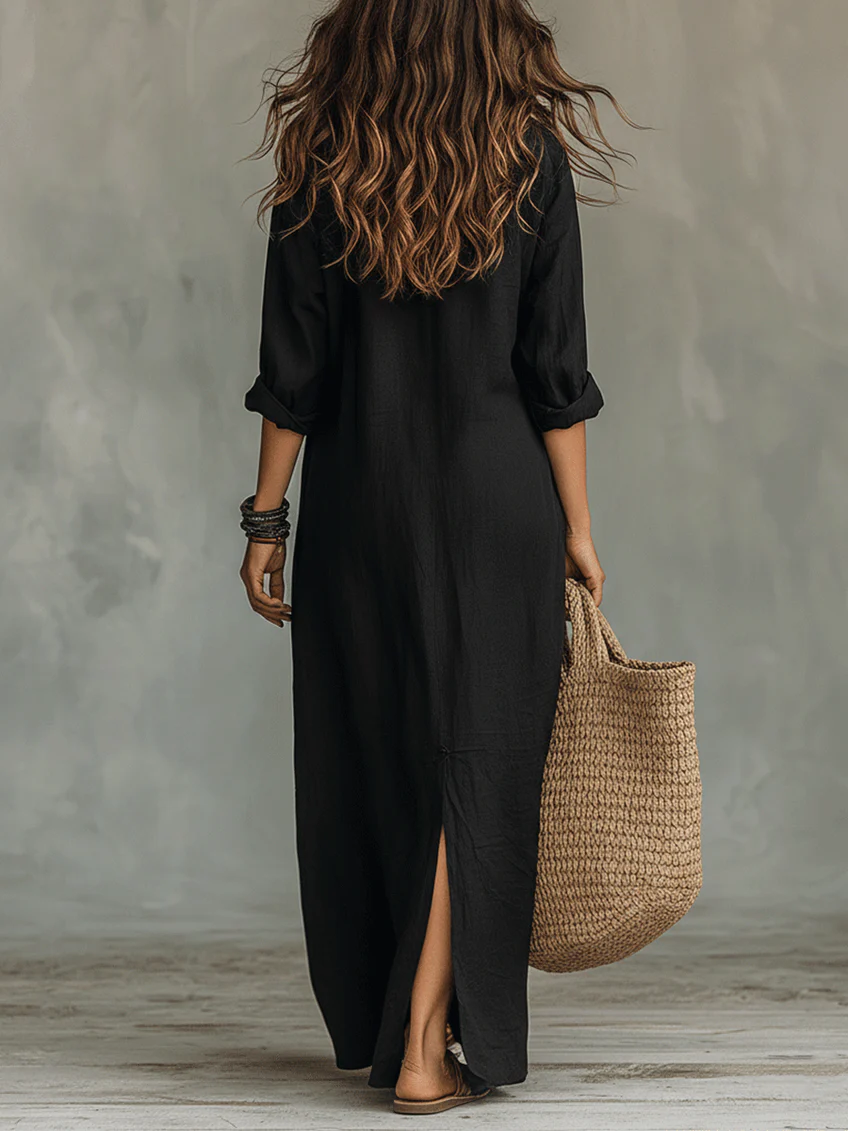Vittoria™ | Black Long Maxi Dress with Buttons