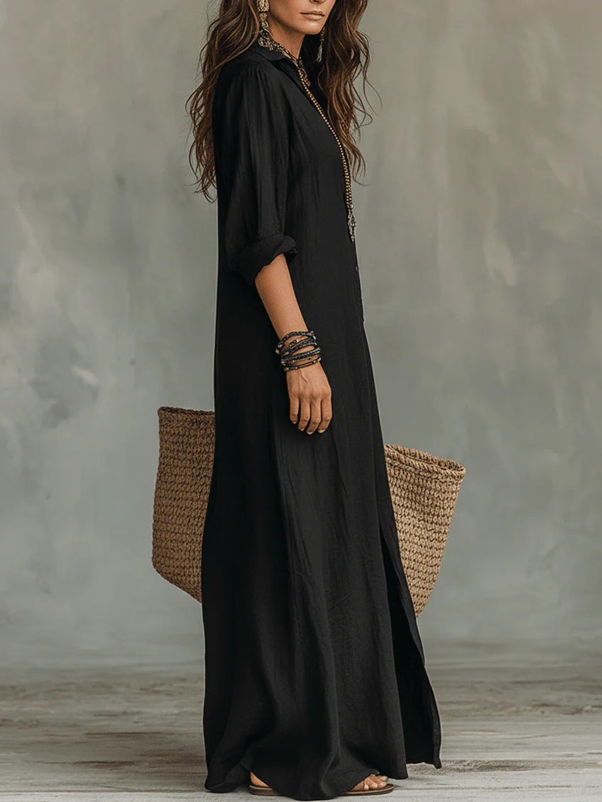 Vittoria™ | Black Long Maxi Dress with Buttons